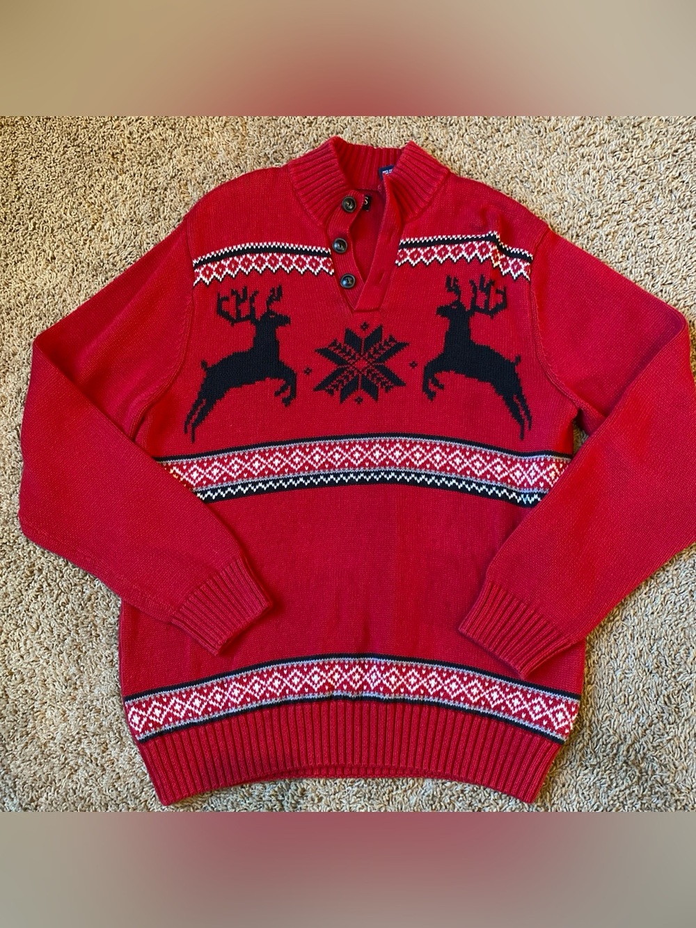 Chaps Mens M Red Nordic Snowflake Reindeer Winter Sweater Knit Holiday Christmas